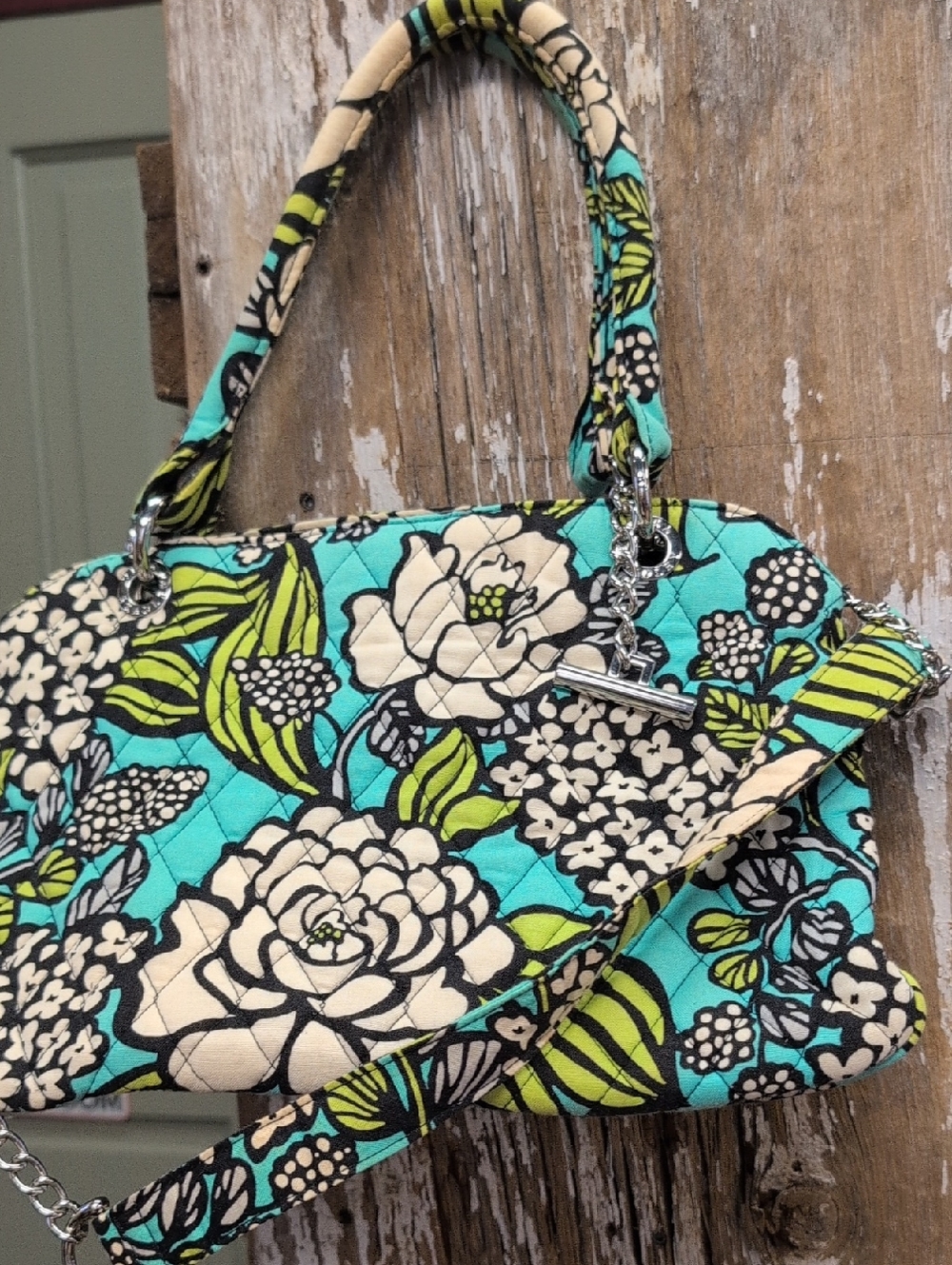 Vera Bradley Quilted Floral Shoulder Bag in Aqua, Cream & Lime